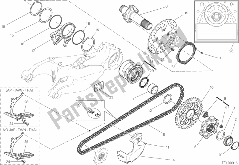 All parts for the Rear Wheel Spindle of the Ducati Superbike 1299S 90 TH Anniversario 2017